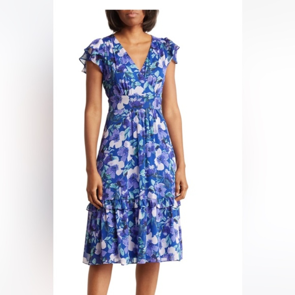 London Times Flutter Sleeve V neck midi dress